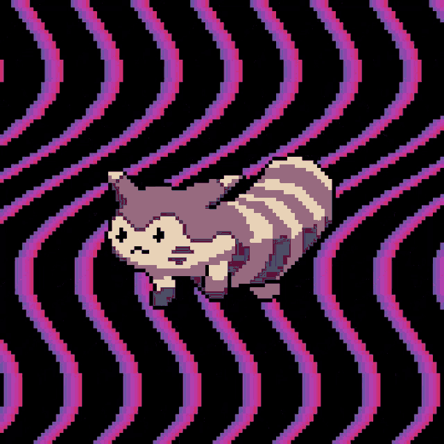 a pixel art drawing of a raccoon on a purple and black striped background