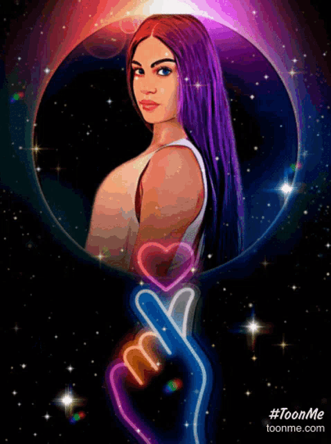 a cartoon of a woman with purple hair making a heart sign with her fingers