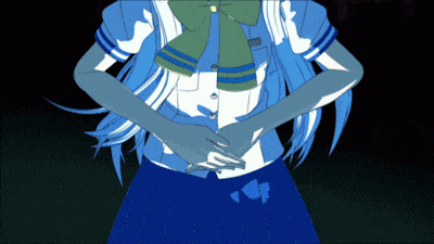 a girl with long blue hair is wearing a white shirt and a blue skirt