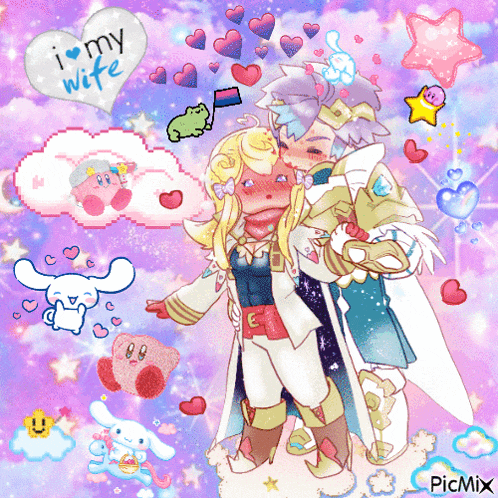 a pixel art of a man carrying a woman with a heart saying i love my wife