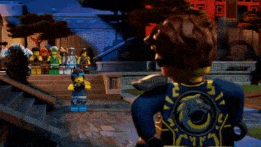 a group of lego ninjago characters are standing on stairs