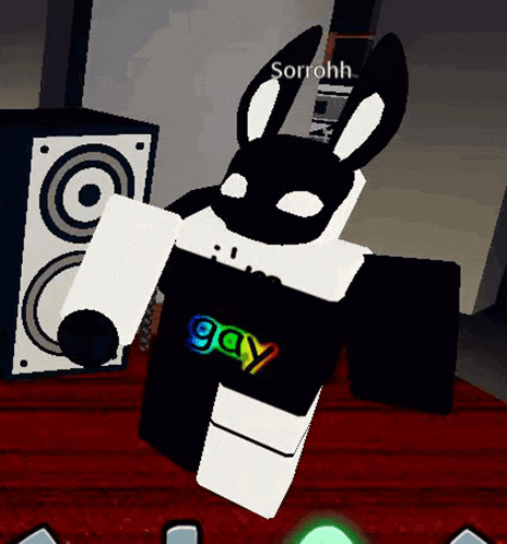 a black and white bunny with a shirt that says gay on it