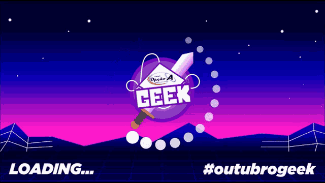 a loading screen for geek with a sword and mountains in the background