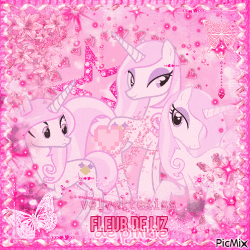 a picture of three pink ponies with the words fleur de luz on the bottom