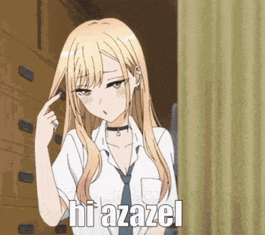a girl in a white shirt and tie says hi azazel on the bottom