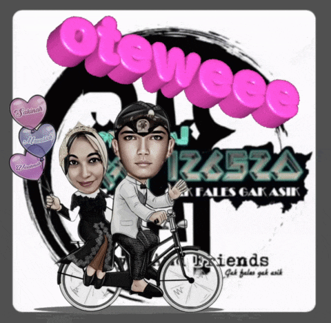 a cartoon of a man and a woman riding a bike with the words oteweeee reza friends on the bottom
