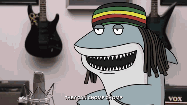 a cartoon of a shark wearing a rasta hat says they can chomp chomp