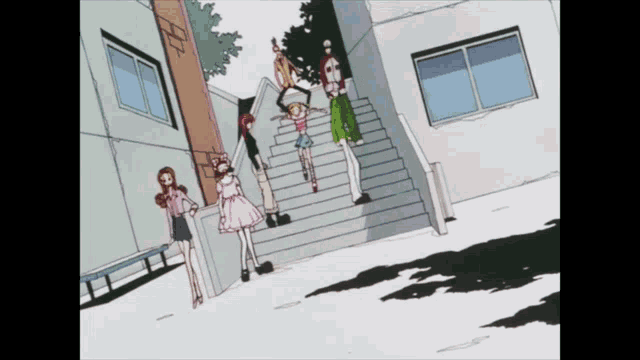 a group of people walking down stairs in a cartoon