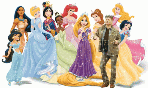 a group of disney princesses are standing next to a man