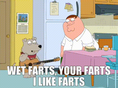 a cartoon of peter griffin and a dog playing a guitar with the words wet farts your farts i like farts