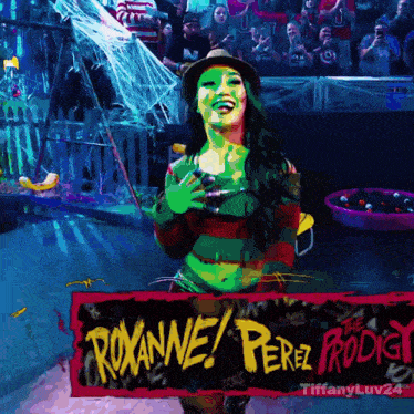 a woman in a freddy krueger costume with the name roxanne perez