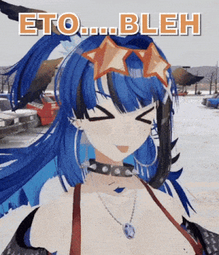 a blue haired anime girl with the words " eto bleh " on the bottom