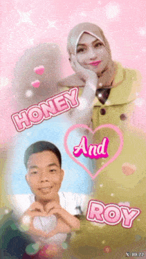 a man and a woman making a heart shape with the words honey and roy
