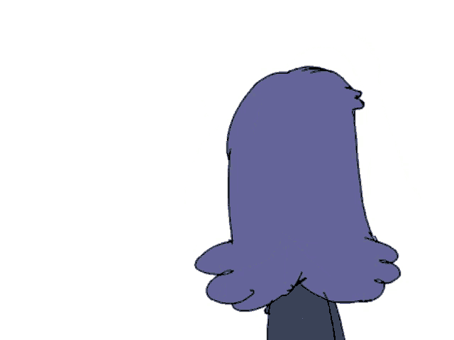 a cartoon character with purple hair and a green shirt