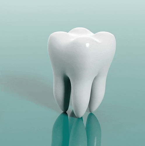 a large white tooth is sitting on a blue surface