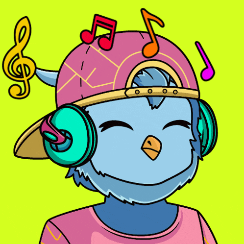 a cartoon of a bird wearing headphones and a hat with music notes on it 's head