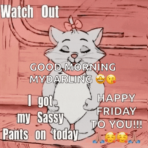 a cartoon cat with a bow on its head says good morning my darling i got my sassy pants on today happy friday to you