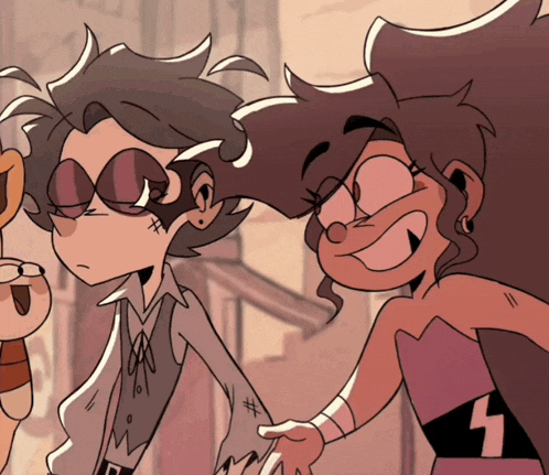 a couple of cartoon characters standing next to each other and one of them has the letter s on her chest