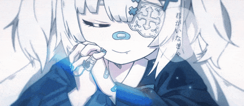 a drawing of a girl with white hair and a cross on her eye