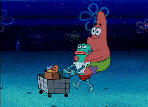 patrick and spongebob are pushing a shopping cart full of food