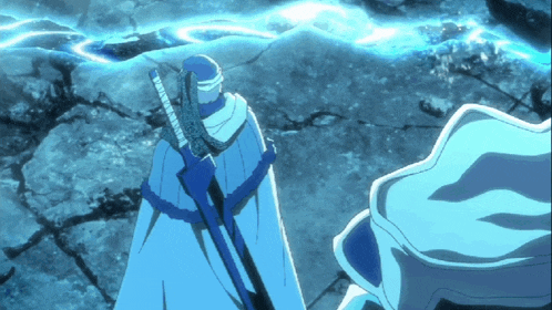 a man in a blue cape holds a sword