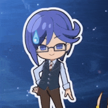 a cartoon character with purple hair and glasses is standing in front of a blue background