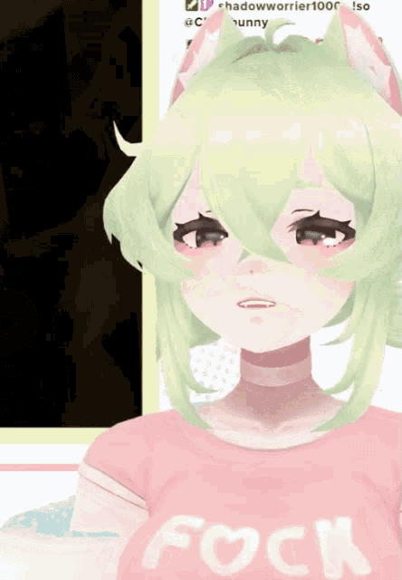 a girl with green hair is wearing a pink shirt with the word fock on it