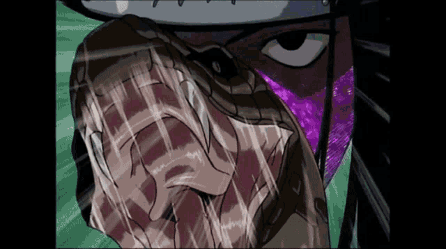 a close up of a person 's face with a purple mask