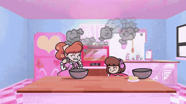 a cartoon illustration of two girls cooking in a kitchen