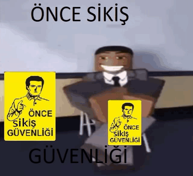 a man in a suit and tie is sitting in front of a sign that says once sikis güvenliği