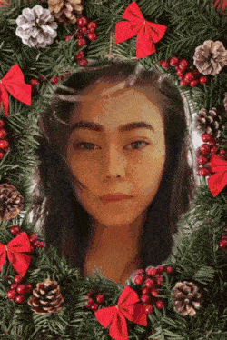 a woman 's face is framed by a christmas wreath with pine cones and berries
