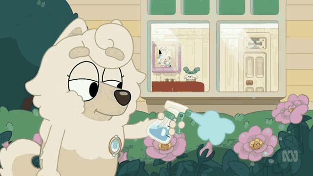 a cartoon of a dog spraying flowers with a spray bottle that says abc