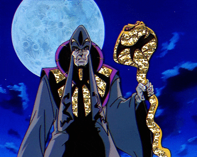 a cartoon of a man holding a snake in front of a moon
