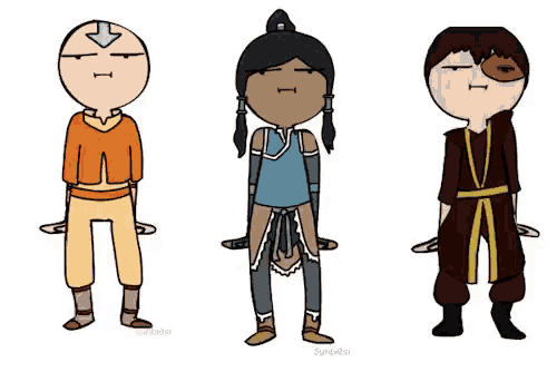 three cartoon characters from avatar the last airbender are dancing