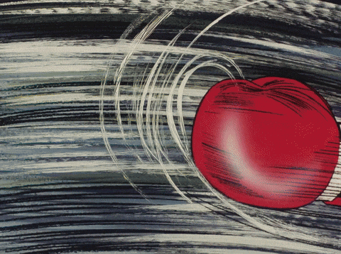 a cartoon drawing of a red apple being thrown