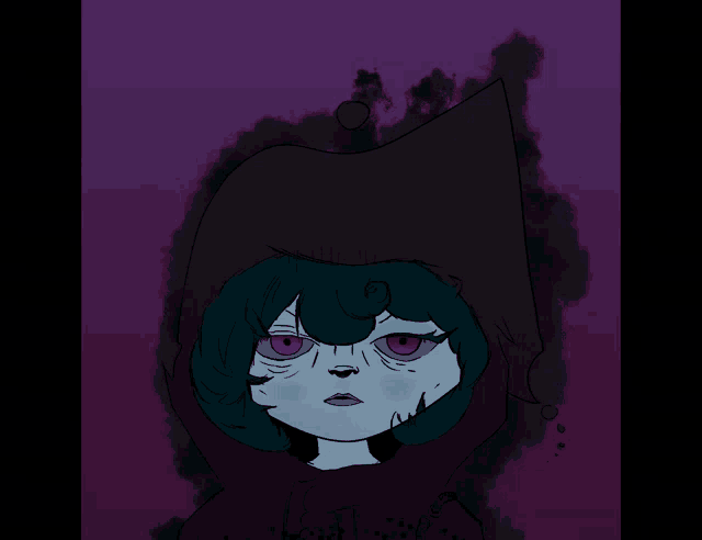 a drawing of a girl with purple eyes and a black hat