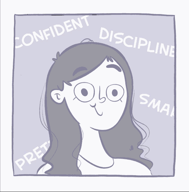 a cartoon drawing of a woman with the words confident discipline and smart around her