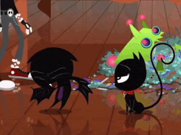 a cartoon drawing of a bat and a cat