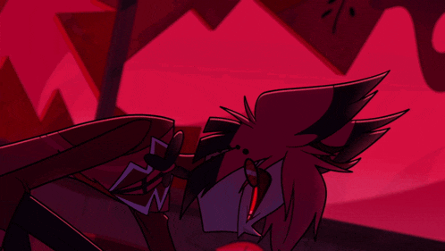 a cartoon character is holding a sword with nails sticking out of it in a red background