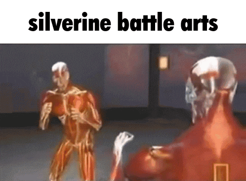a cartoon of a man with muscles and the words silverine battle arts