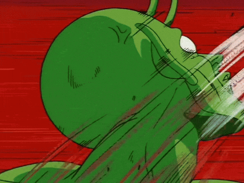 a cartoon drawing of a green monster with blood coming out of its mouth