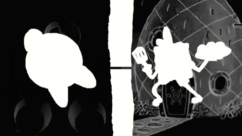 a black and white cartoon of spongebob holding a spatula
