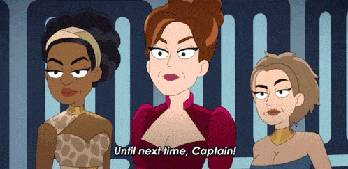 three cartoon characters are standing next to each other and one of them says until next time captain