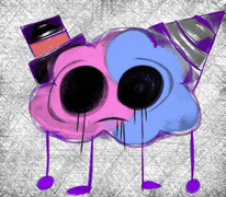 a drawing of a pink and blue cloud with a party hat and music notes .