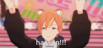 a cartoon character says hai sun with his arms up in the air