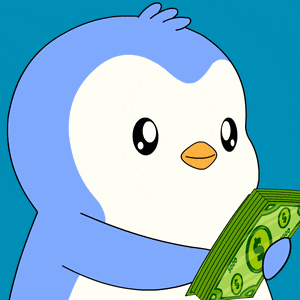 a penguin is holding a stack of money with a dollar sign on them