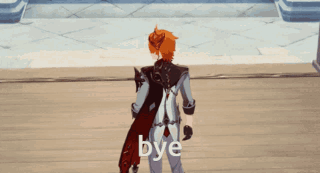 a video game character says bye while standing on a wooden floor