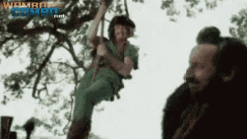 a man is hanging from a tree while another man looks on ..