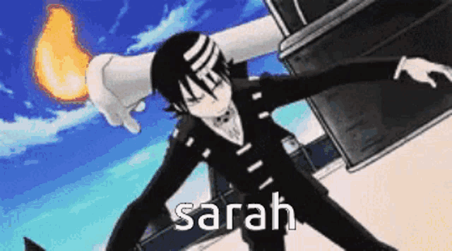 a man in a suit is flying through the air with the name sarah written on the bottom .