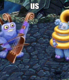 a cartoon of a monster playing a cello and another monster playing a trumpet with the caption us